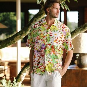 Jams World Men's Retro Shirt Daisy Patch Red Button Up Mens Medium